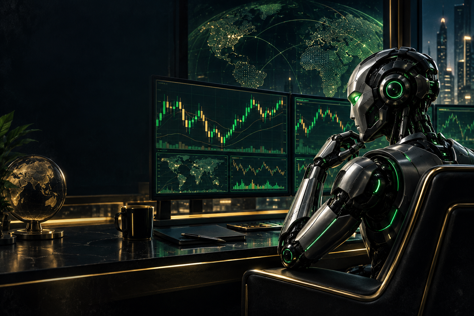 AI trading robot monitoring decorative Forex charts